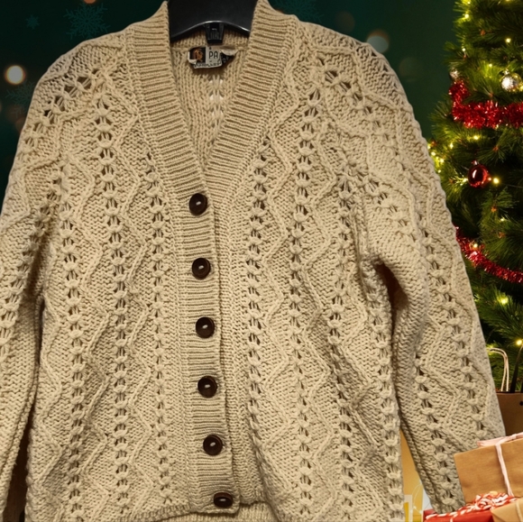 M🎄Pallas Irish Arran Wool Hand knit Cream Knit Cardigan Sweater - Picture 2 of 10